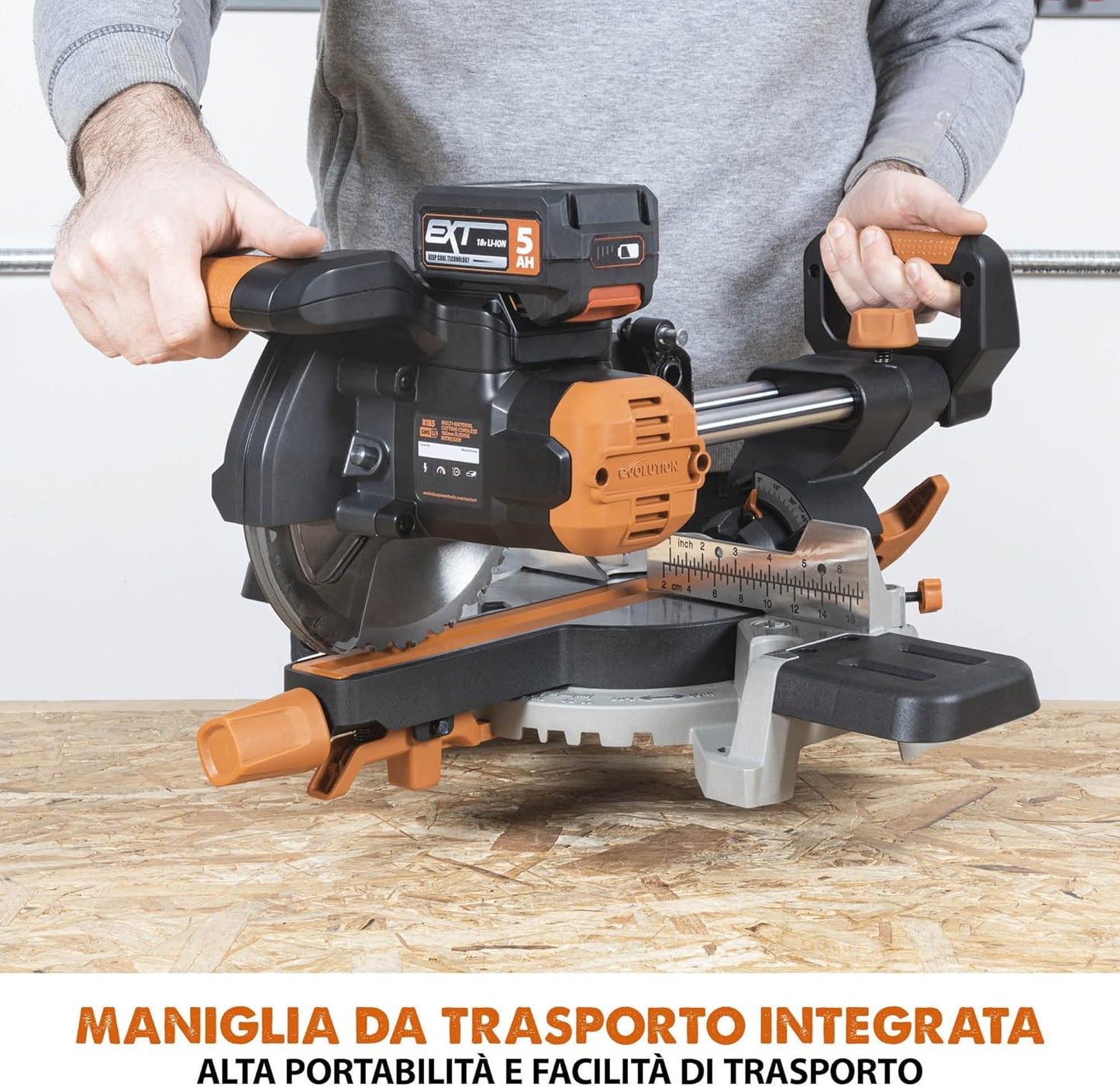 Evolution R185SMS-Li Troncatrice scorrevole cordless Include batteria 4 Ah e caricabatterie